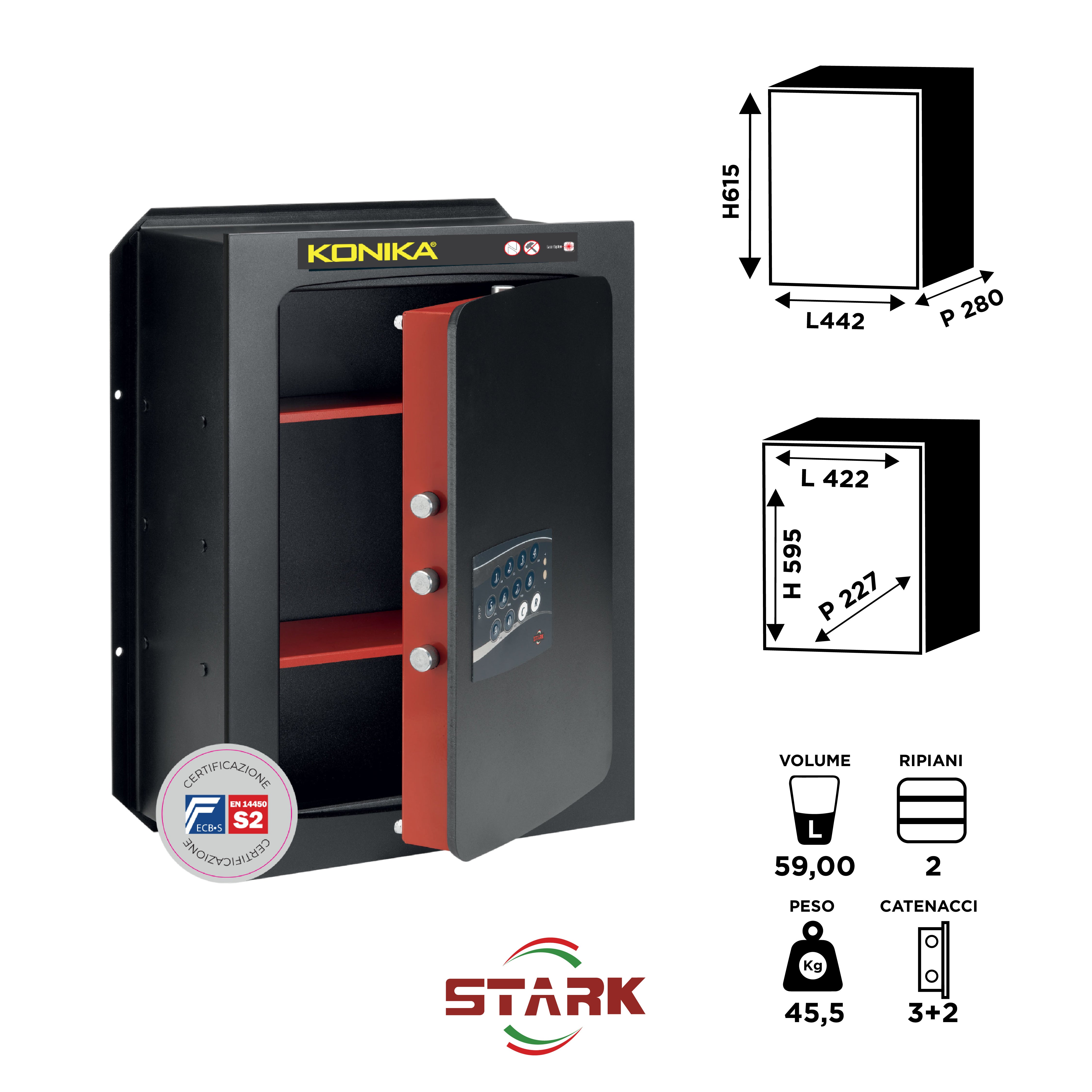 KONIKA Stark safes - Cassaforte a muro Certificata S2 Serie 1250CE modello 1255CE